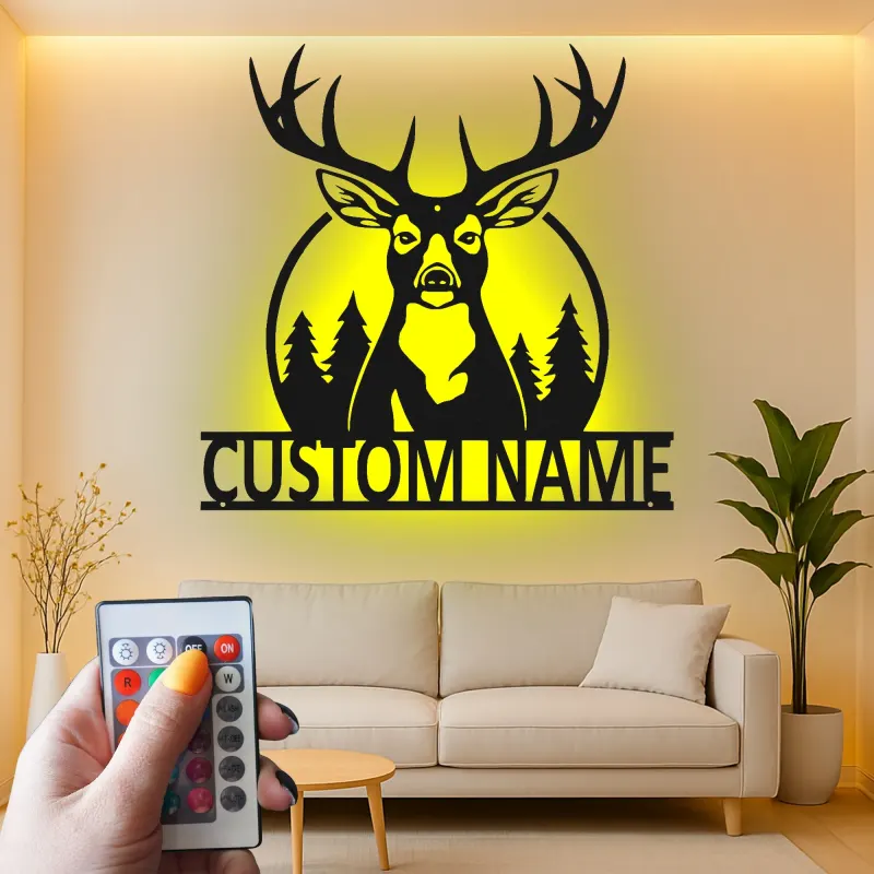 Décoration murale en métal personnalisée Silhouette de Cerf avec Rétroéclairage LED Cadeau Personnalisé pour Chasseurs Décor de Chalet Rustique