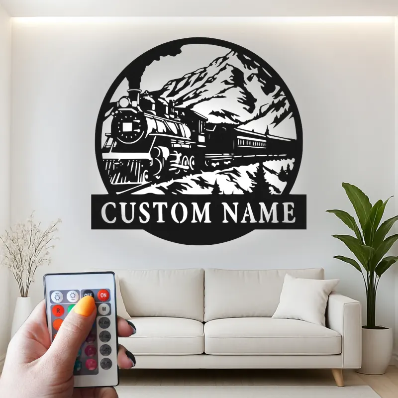 Décoration murale en métal personnalisée de train à vapeur avec rétroéclairage LED - Cadeau pour passionnés de trains, décoration pour salon ou bureau