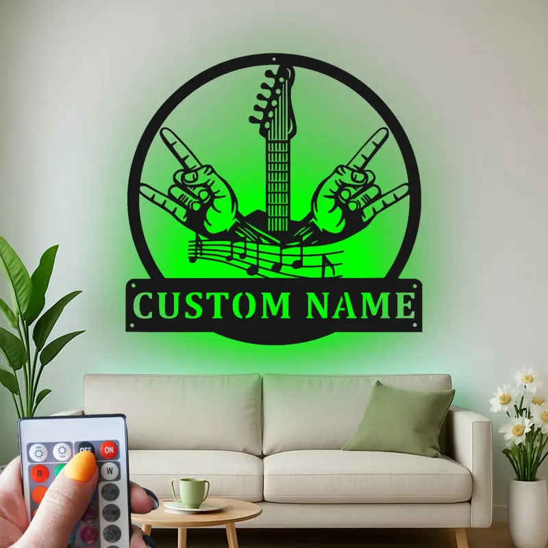 Personalized Guitar LED Sign | Custom Metal Wall Art for Studio | Musician Name Plaque | Rock Music Decor Gift for Guitarist