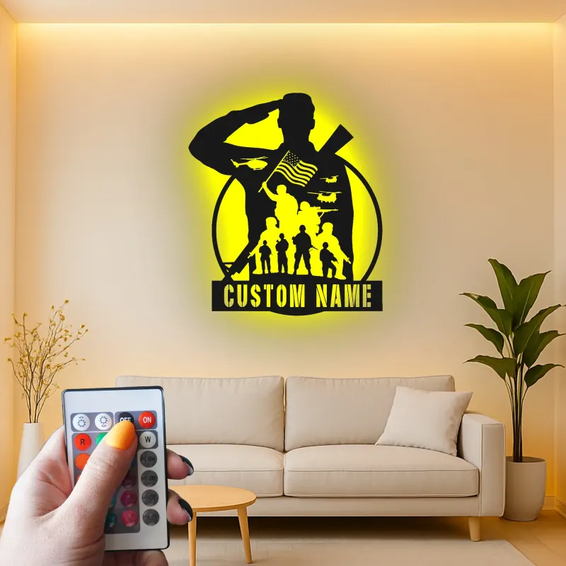 Insegna LED Personalizzata per Soldato Salutante | Arte in Metallo con Bandiera Americana Personalizzata | Decorazione Militare Patriottica | Regalo per Veterani