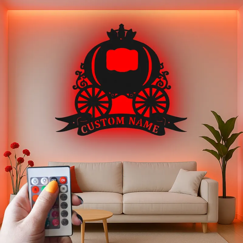 Cartel de metal LED de carroza de Cenicienta personalizado, regalo para niños, decoración de guardería de cuento de hadas