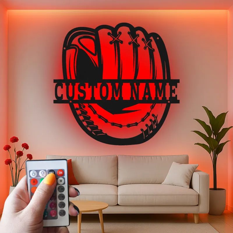 Insegna in metallo personalizzata con luce LED per guanto da baseball - Regalo personalizzato per appassionati di baseball e decorazione per stanze sportive