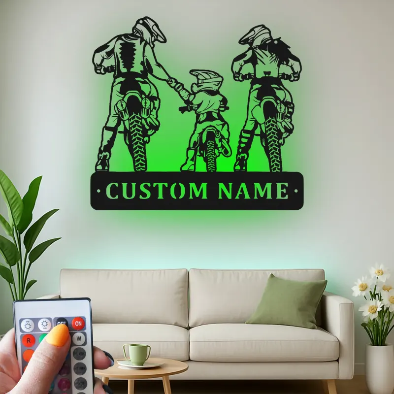 Personalisierte Familien-Motocross-Wandkunst aus Metall mit LED-Licht – Geschenk für Biker, Garage oder Man-Cave-Deko