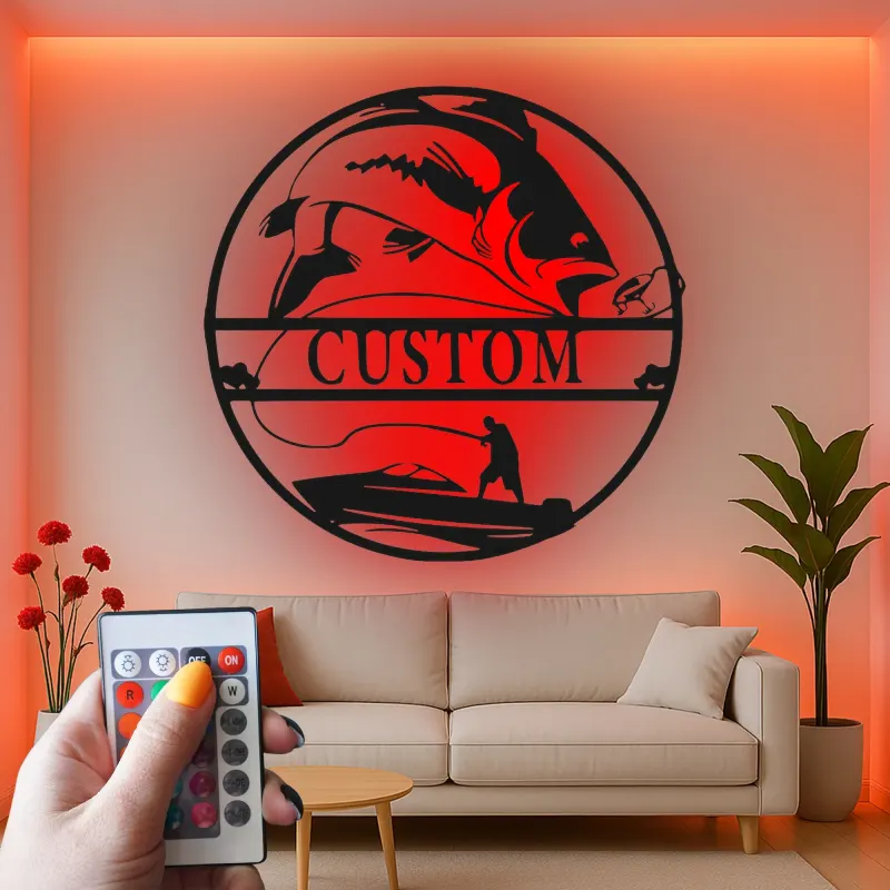 Arte murale in metallo da pesca su misura | Insegna LED personalizzata per pescatore | Arredo per casa al lago e regalo per angler