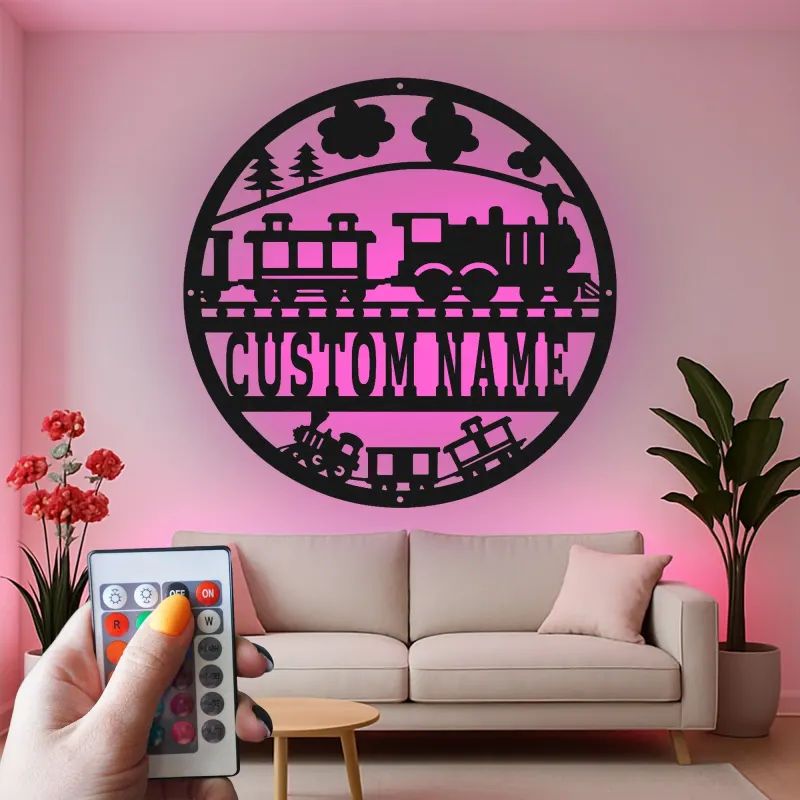 Décoration murale en métal personnalisée avec train en rétroéclairage - Cadeau pour enfants - Décor de chambre de bébé