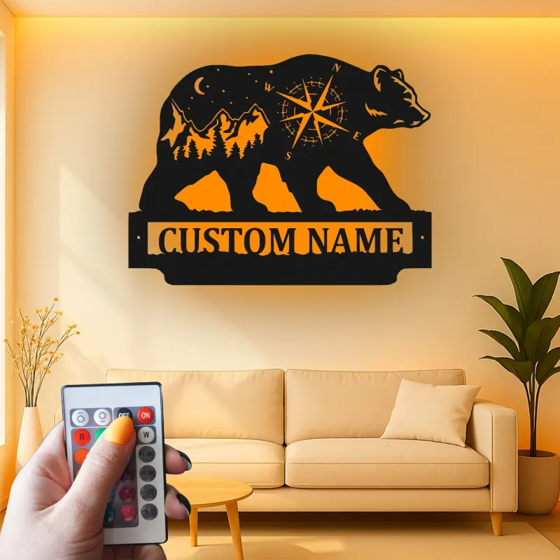 Custom Bear and Compass Led Light Metal Wall Art Personalized Gift for Nature Lovers Cabin or Lodge Decor