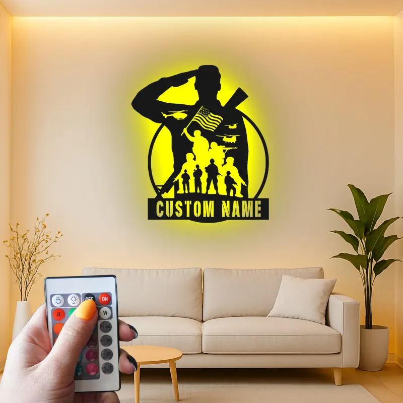 Insegna LED Silhouette Soldato Personalizzata | Insegna in Metallo Fatta a Mano | Tributo Patriottico ai Militari e Regalo per Veterani