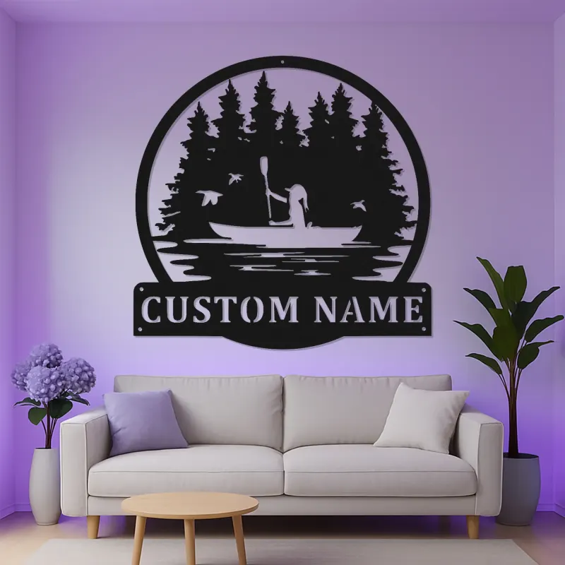 Insegna in metallo personalizzata per kayakista | Insegna LED con scena lacustre personalizzata | Regalo per amanti dell'outdoor | Decorazione per cabin e case al lago