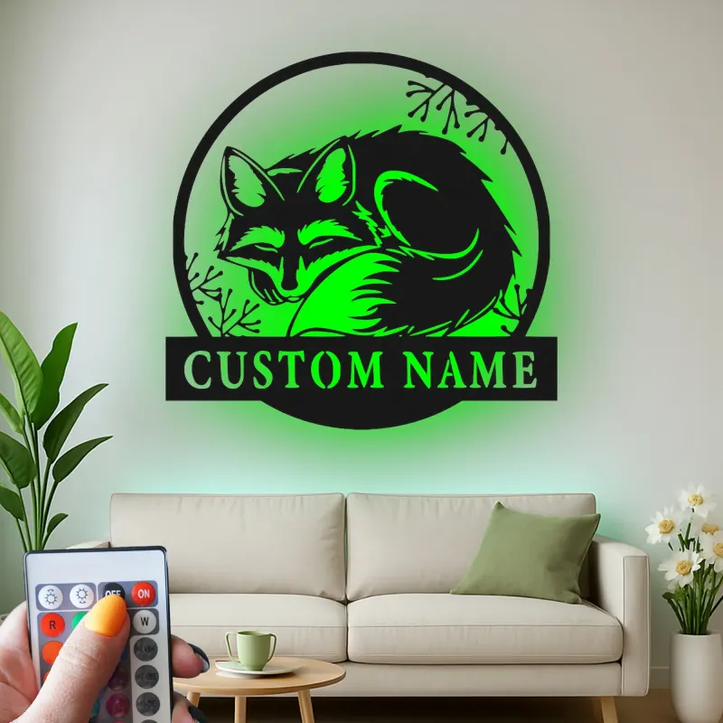 Insegna in metallo LED personalizzata con volpe | Decorazione boschiva su misura per cameretta e baita | Regalo per amanti degli animali