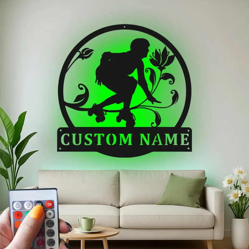 Panneau Personnalisé Roller Skate avec LED | Art Murale Métal Personnalisé pour Chambre d'Adolescent | Décor Fille Skater Floral