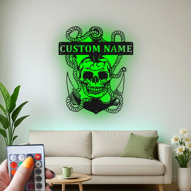 Insegna LED Teschio Pirata con Ancora | Arte Murale in Metallo Personalizzata | Decorazione Nautica per Man Cave e Regalo Personalizzato per Marinai