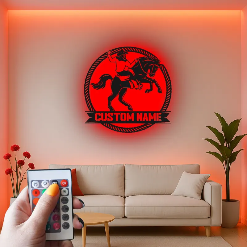 Custom Cowboy and Horse Led Light Metal Wall Art Western Gift for Ranch Lovers Rustic Home Decor