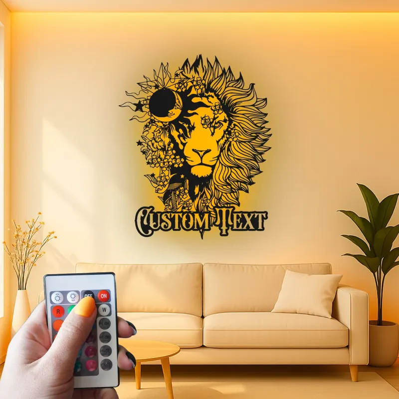 Lion Metal Wall Art with LED Light | Custom Floral Name Sign | Boho Celestial Wildlife Decor for Home & Office
