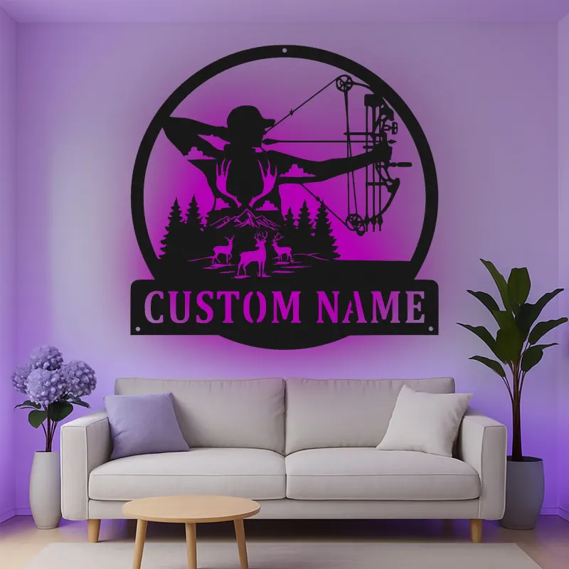 Insegna in metallo personalizzata con LED per cacciatori di archi, regalo personalizzato per arcieri, decorazione per cabin rustica