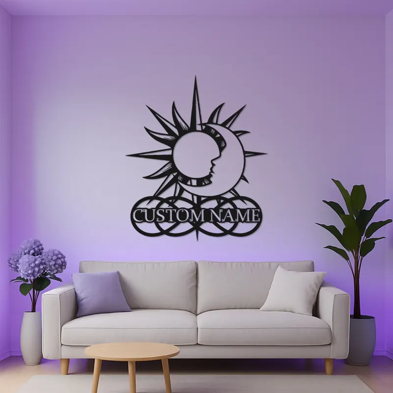 Art mural en métal céleste personnalisé | Panneau LED soleil et lune | Décor boho personnalisé | Lumière de chambre mystique