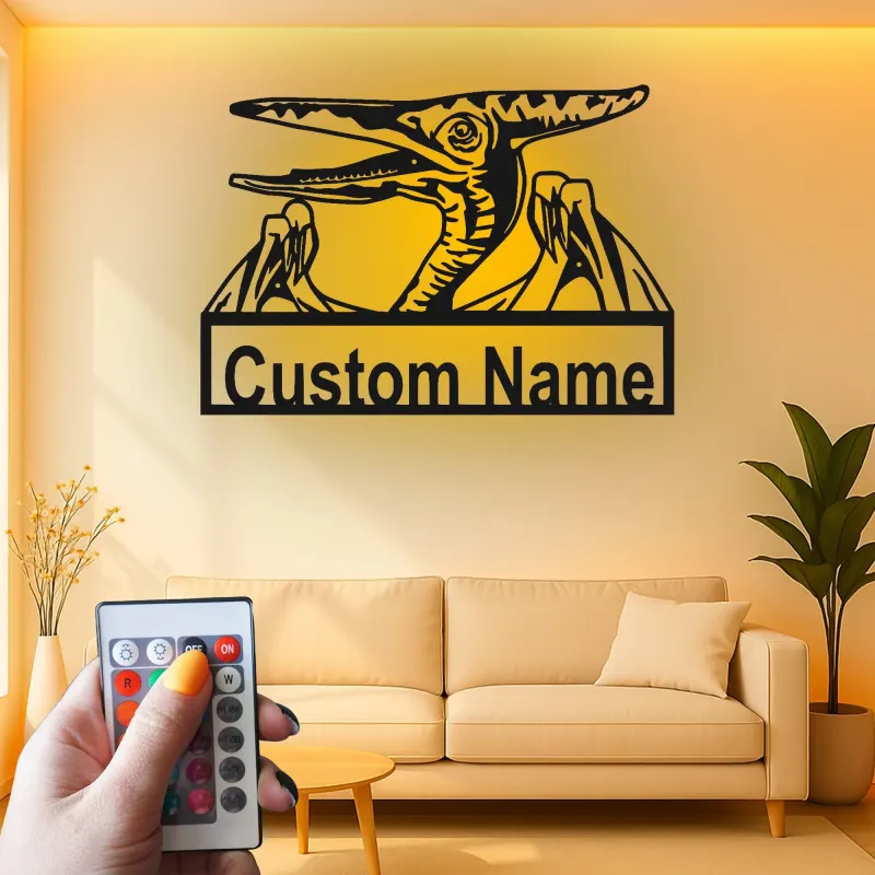 Décoration murale en métal personnalisée avec ptérodactyle et rétroéclairage LED - Cadeau dinosaure pour chambre d'enfants ou salle de jeux