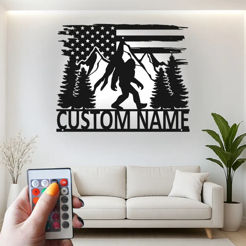 Décoration murale en métal personnalisée Bigfoot avec rétroéclairage LED - Cadeau unique pour les passionnés de plein air - Décor de cabane rustique