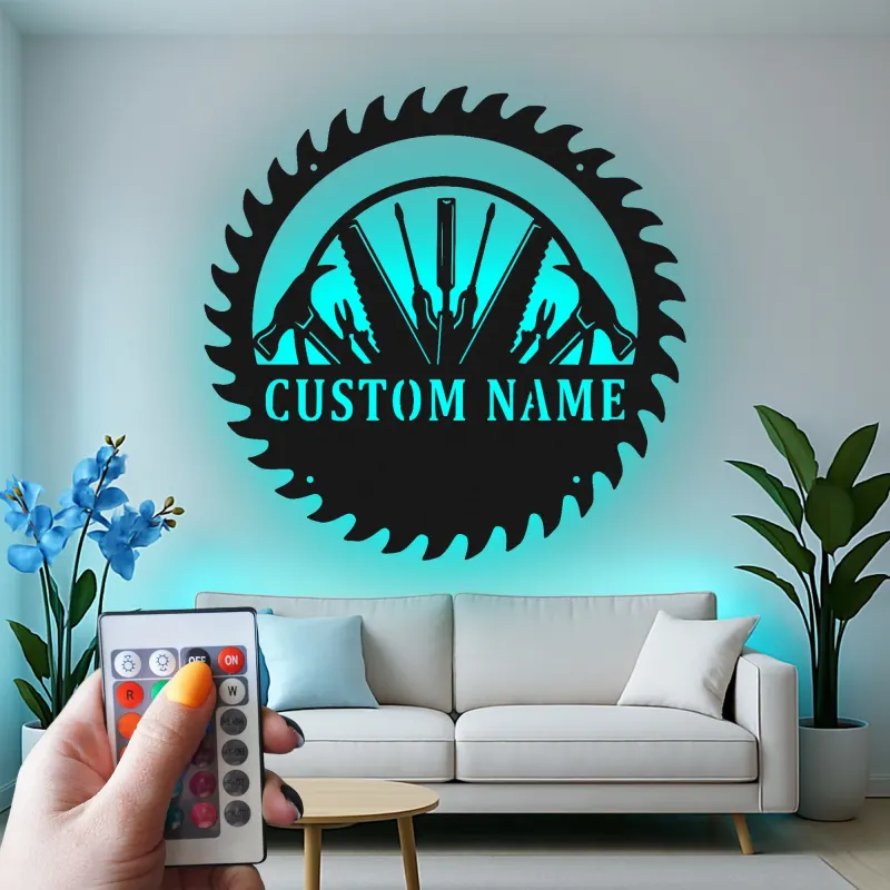 Décoration murale en métal personnalisée avec rétroéclairage LED en forme de lame de scie - Cadeau unique pour bricoleur, décoration de garage et d'atelier