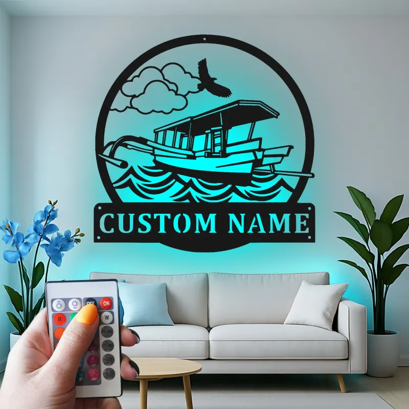 Insegna Personalizzata per Barca Pontoon con LED | Arte Murale in Metallo Personalizzata | Decorazione Nautica per Casa al Lago e Regalo per Naviganti