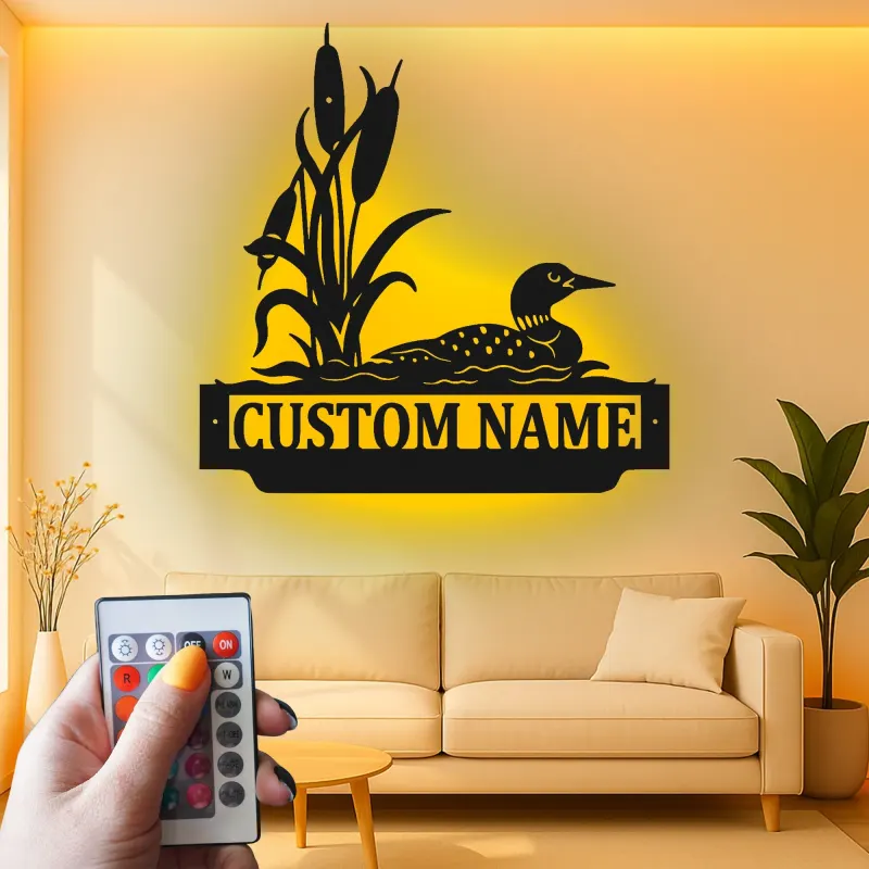 Insegna in metallo personalizzata con loon e canne di palude luce LED regalo per la natura decorazione per casa al lago