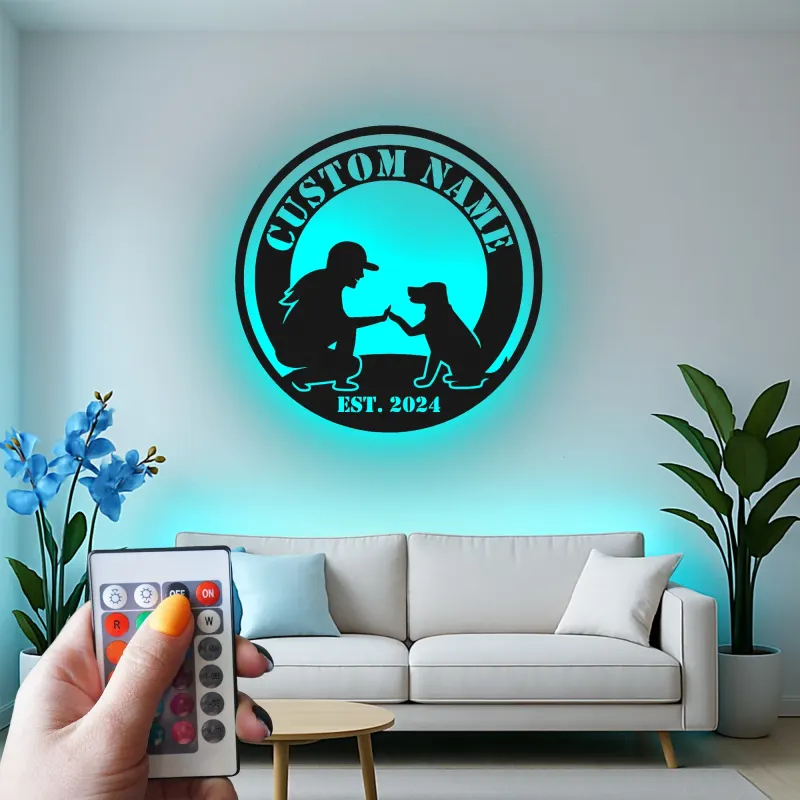 Cartel de metal personalizado con silueta de perro y dueño y luz LED, regalo para amantes de mascotas, decoración para salón