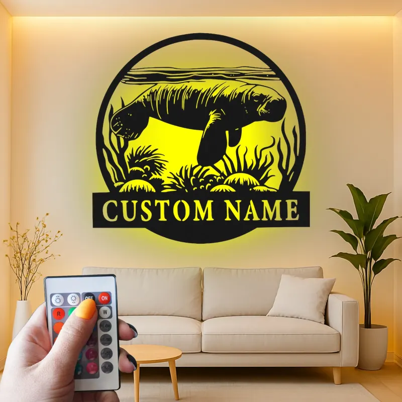 Custom Manatee LED Metal Wall Art | Personalized Nautical Decor | Florida Ocean Lover Gift Sign