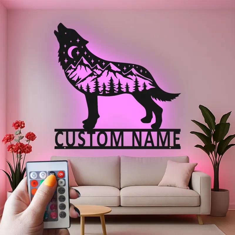 Custom Wolf Mountain Scene Led Light Metal Wall Art Personalized Gift for Nature Lovers Rustic Cabin Decor 2