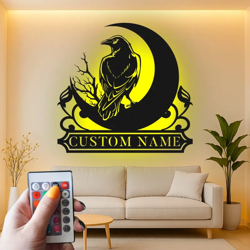 Gothic Raven Metallschild | Personalisierte Krähen LED-Wandkunst | Individuelle Hexen-Dekoration für Ihr Zuhause | Spooky Mond-Schild