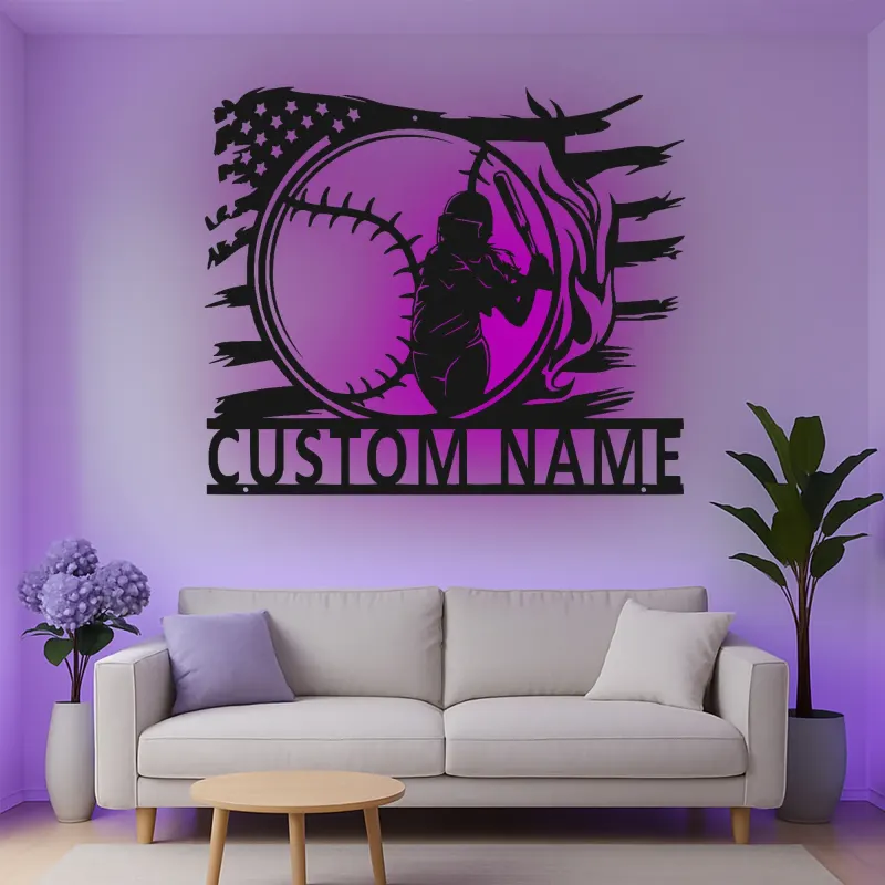 Insegna in metallo personalizzata per giocatore di softball con luce LED regalo per atleti decorazione per stanza sportiva 2