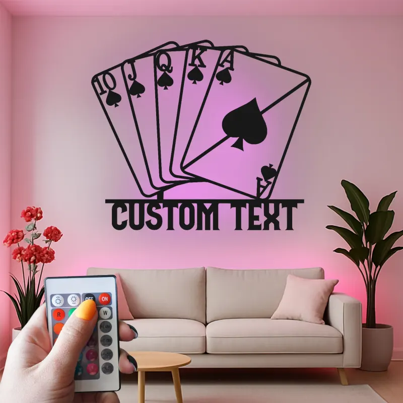 Arte da parete in metallo Royal Flush | Insegna LED personalizzata per sala giochi | Regalo decorativo per serata casino per lui