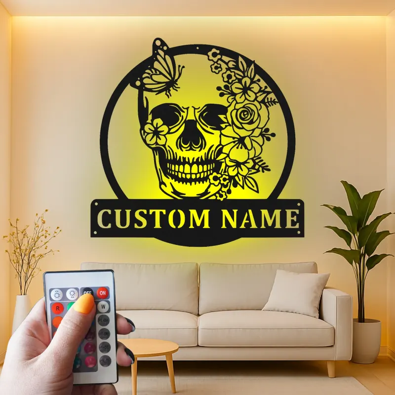 Floral Skull LED Metal Sign | Personalized Gothic Wall Art | Custom Name Decor for Bedroom, Studio & Living Room