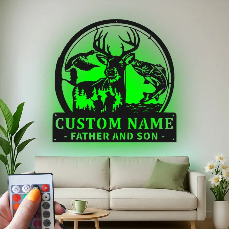 Cartel de metal LED personalizado para padre e hijo en aventura al aire libre, regalo personalizado para papá, decoración para cabaña o man cave