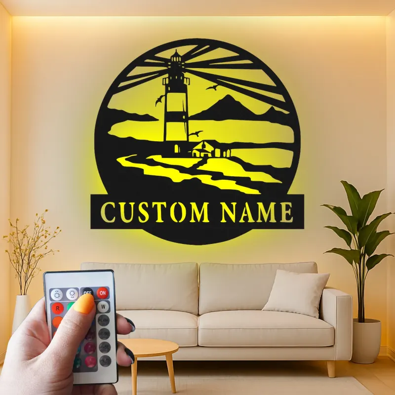 Décoration murale en métal personnalisée avec scène de phare et rétroéclairage pour les amoureux de la plage