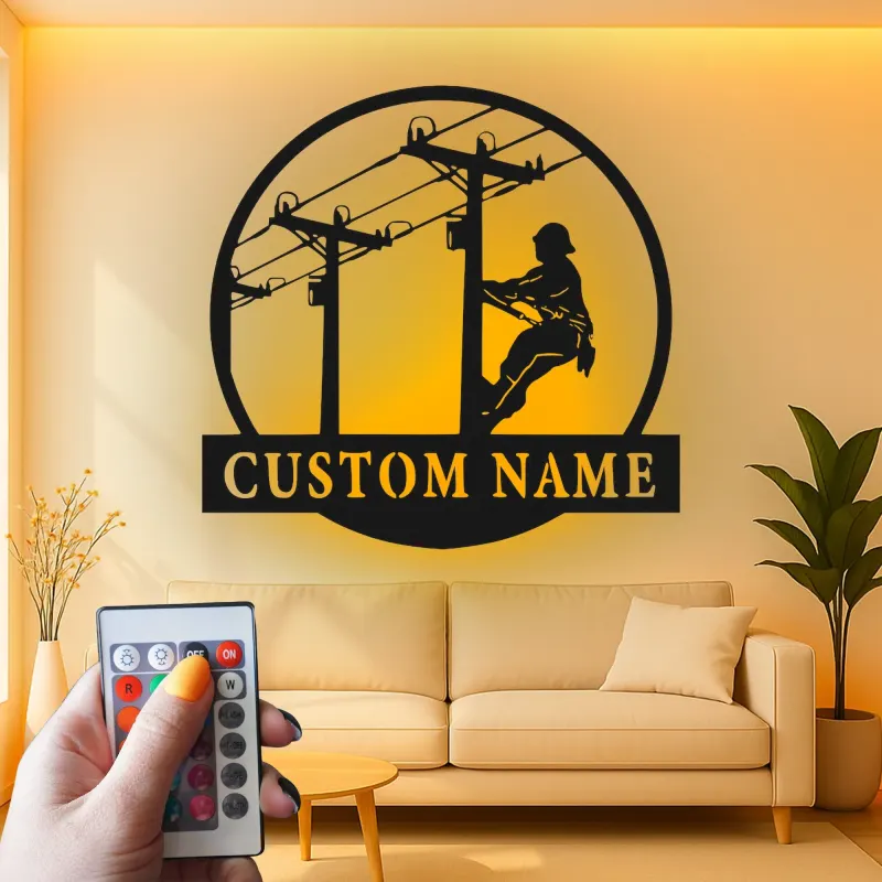 Lineman LED Metal Wall Art | Personalized Electrician Gift | Custom Name Sign for Industrial Decor, Man Cave | RGB Light Up Utility Pole