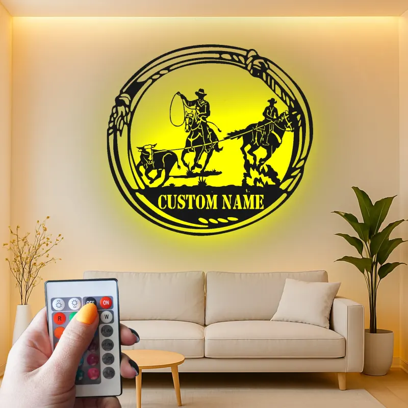 Décoration murale en métal personnalisée Cowboy Rodeo avec rétroéclairage LED - Cadeau western pour les éleveurs - Décor de salon rustique