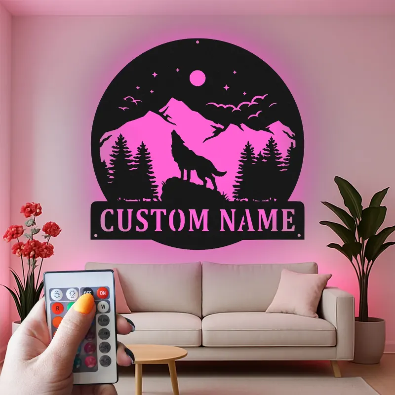 Custom Wolf Mountain Scene Led Light Metal Wall Art Personalized Gift for Nature Lovers Rustic Cabin Decor