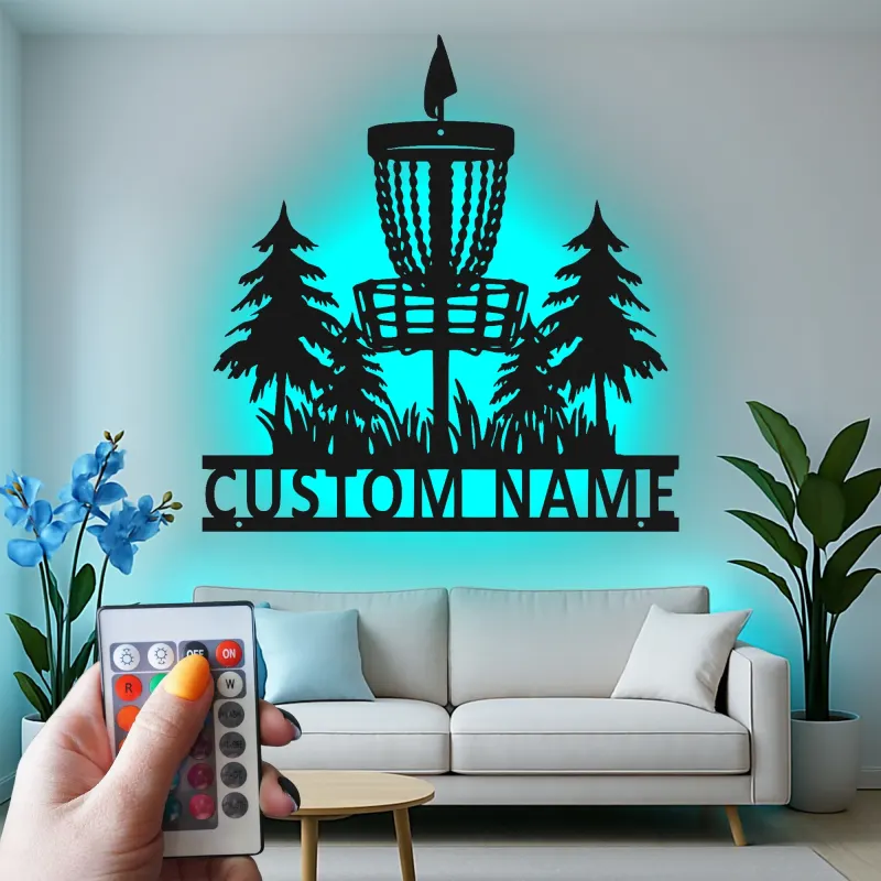 Cartel de metal LED personalizado para cesta de disc golf, regalo para jugadores de disc golf, decoración de deportes al aire libre