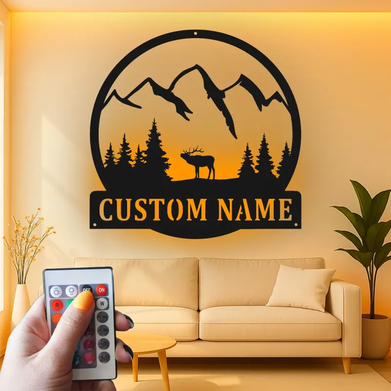 Cartel de metal LED de alce de montaña personalizado, regalo para amantes de la naturaleza, decoración de cabaña o refugio