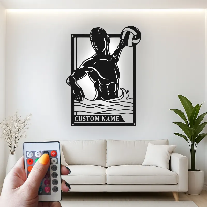 Custom Water Polo Player Led Light Metal Wall Art Personalized Sports Gift for Athletes Game Room Decor