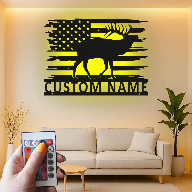 Décoration murale en métal LED élan drapeau américain personnalisée Cadeau pour chasseurs Décor de chalet rustique