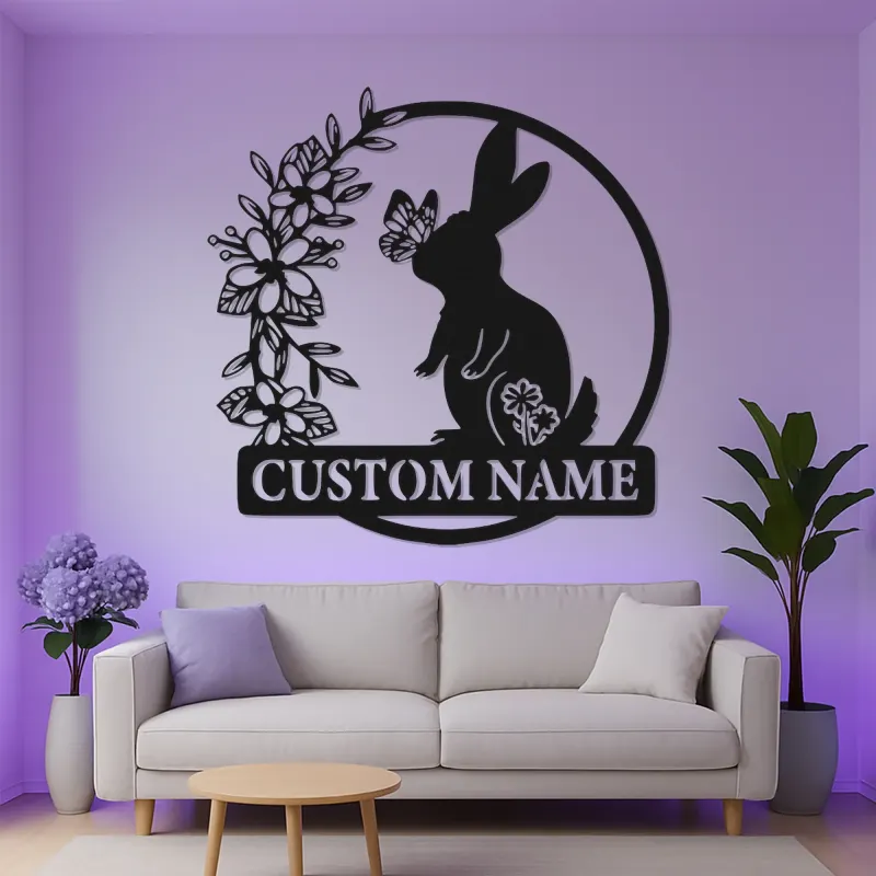 Personalized Rabbit Name Sign | LED Metal Wall Art for Nursery | Bunny & Butterfly Light | Baby Shower Gift