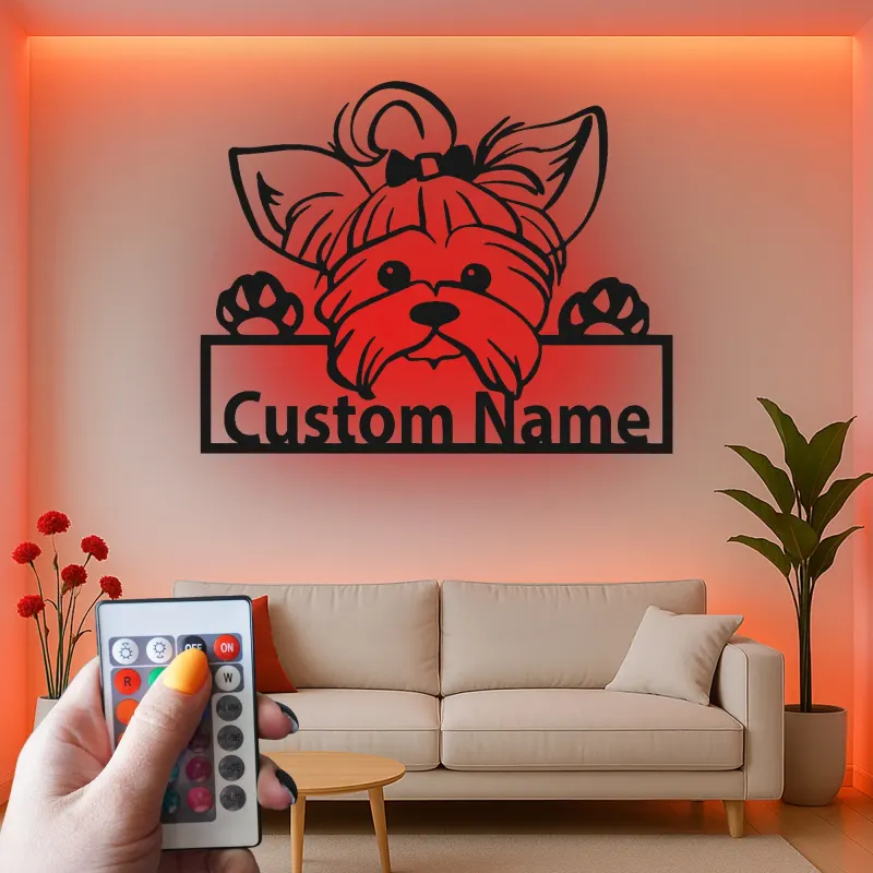 Décoration murale en métal LED personnalisée pour Yorkshire Terrier - Cadeau pour amoureux des chiens - Décor pour chambre ou salon