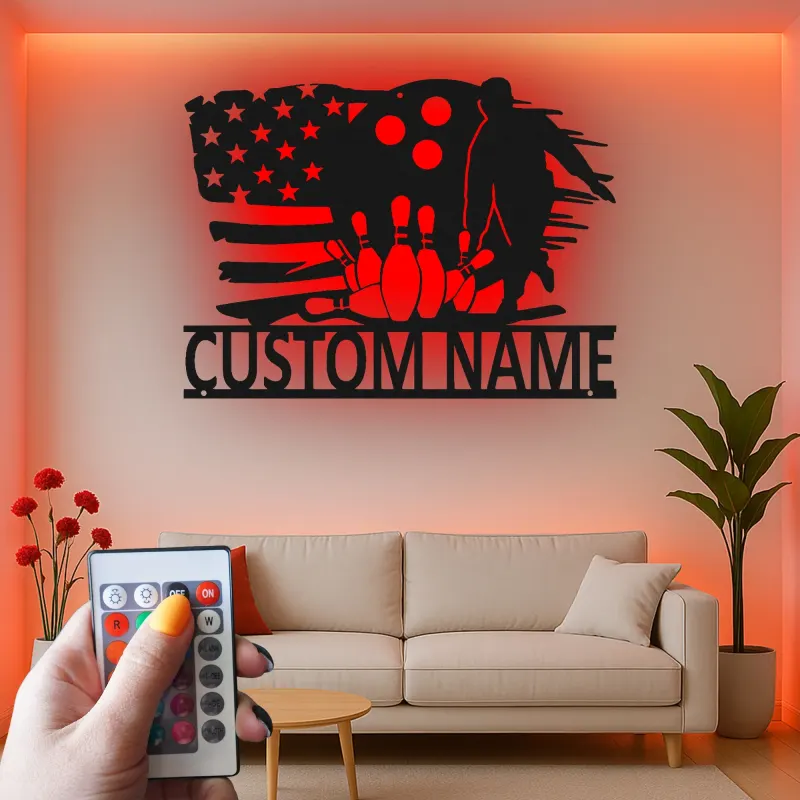 Insegna in metallo personalizzata con luce LED per giocatori di bowling - Regalo personalizzato per appassionati di bowling e decorazione per sale giochi e sport 1