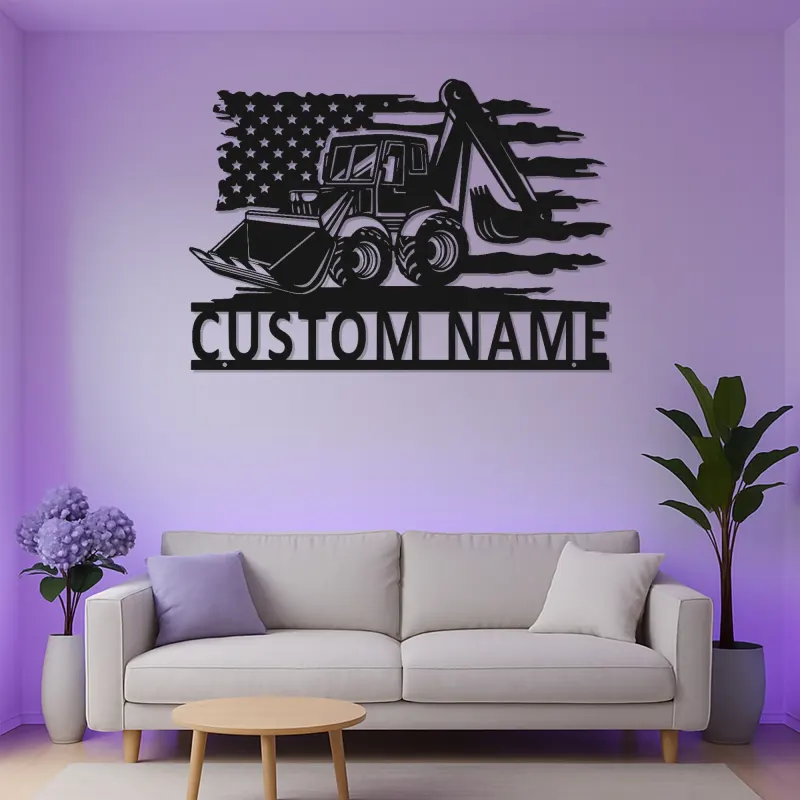 Décoration murale LED en métal Excavatrice | Panneau de chantier personnalisé | Déco d’engin lourd pour garage | Cadeau patriotique pour entrepreneur