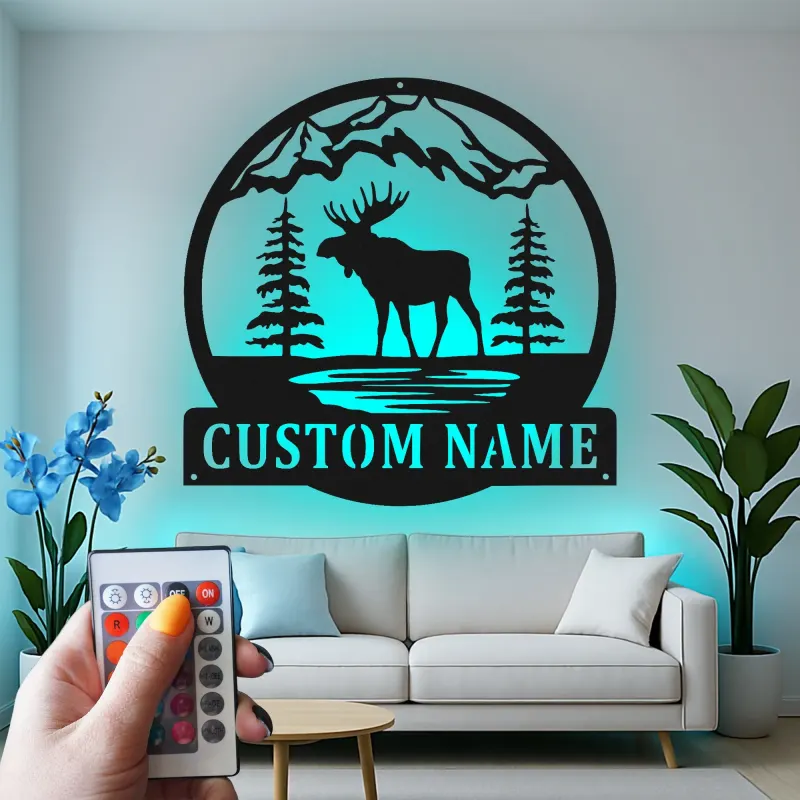 Cartel de metal personalizado con alce | Arte LED de fauna personalizado para cabaña y lodge | Regalo rústico para amantes de la naturaleza