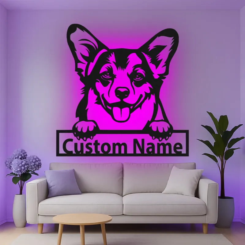 Décoration murale en métal LED personnalisée Corgi - Cadeau pour amoureux des chiens - Décor pour salon