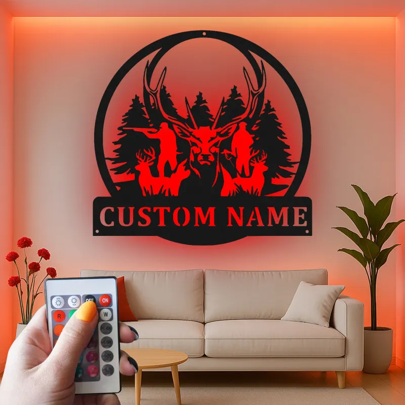 Personalisierte LED-Metall-Wandkunst für Hirschjäger – Geschenk für Outdoor-Fans, Deko für Hütte oder Man Cave