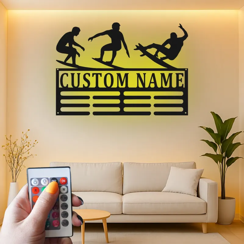 Panneau LED surfeur personnalisé | Art mural en métal personnalisé | Décoration de maison de plage et éclairage côtier | Cadeau pour amateur de surf