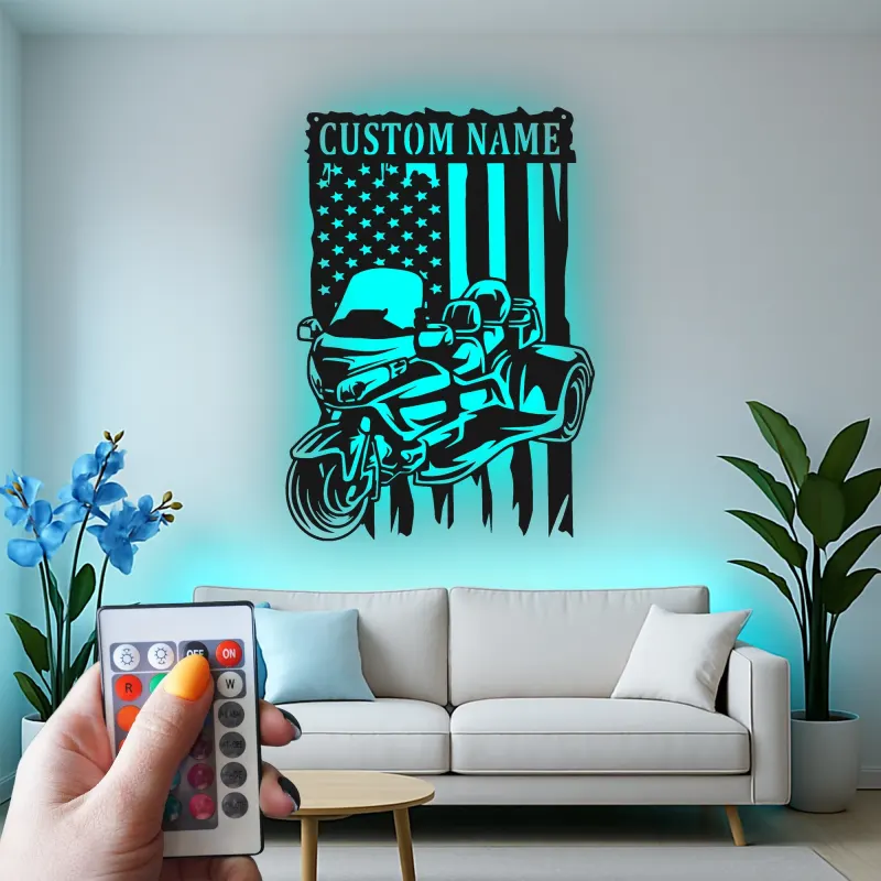 Art Métal LED Moto Personnalisé | Panneau Biker Drapeau Américain | Décor de Garage & Man Cave | Cadeau Unique pour Motard