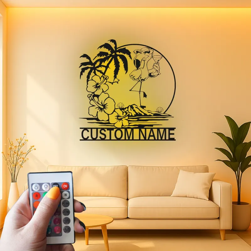 Cartel LED de flamenco personalizado | Arte mural tropical personalizado | Decoración de casa de playa para patio o bar junto a la piscina | Placa de nombre iluminada
